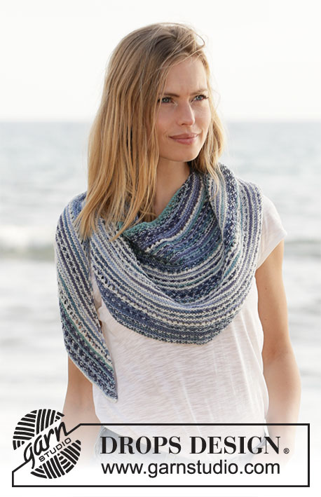Seascape Wrap / DROPS 211-22 - Knitted shawl in DROPS Fabel. Piece is knitted back and forth in garter stitch and eyelet rows.