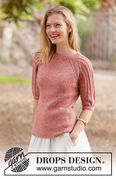 Evening Glow / DROPS 212-1 - Knitted jumper in DROPS Sky. Piece is knitted top down with raglan and short sleeves with lace pattern. Size: S - XXXL