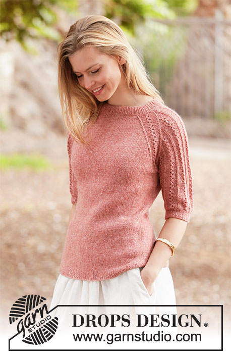 Evening Glow / DROPS 212-1 - Knitted sweater in DROPS Sky. Piece is knitted top down with raglan and short sleeves with lace pattern. Size: S - XXXL