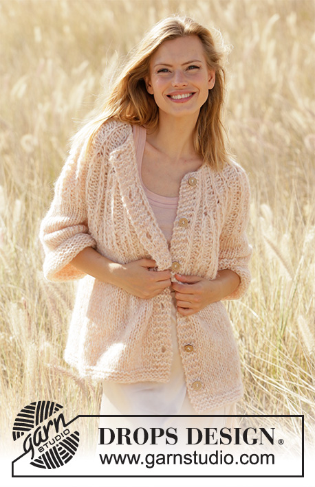 Summer Peach Jacket / DROPS 212-25 - Knitted jacket in DROPS Air and DROPS Brushed Alpaca Silk. The piece is worked top down with Fisherman’s rib on the yoke and ¾-length sleeves. Sizes XS - XXL.
