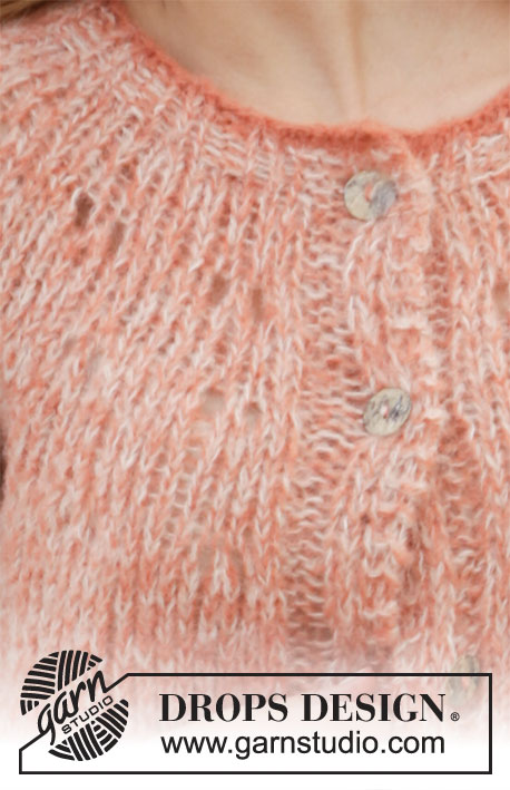 Frosted Foliage Jacket / DROPS 212-35 - Knitted jacket with round yoke in 2 strands DROPS Brushed Alpaca Silk. The piece is worked top down. Sizes S - XXXL.