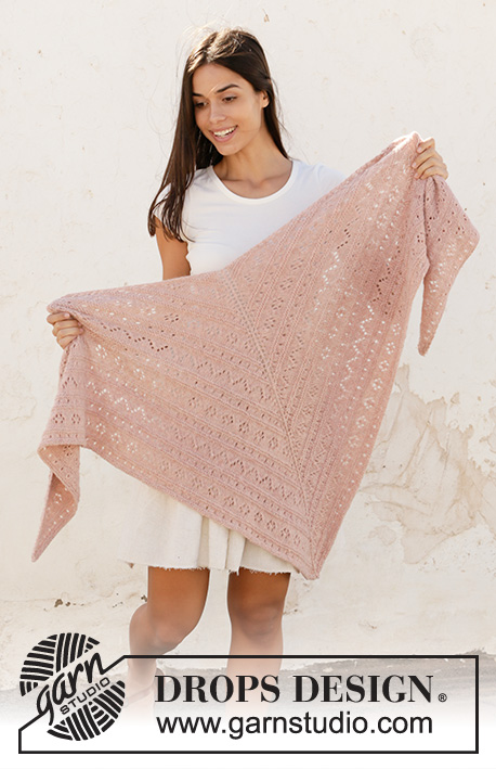 Austrian Spring / DROPS 212-42 - Knitted shawl in DROPS Sky. Piece is knitted top down with lace pattern and garter stitch.