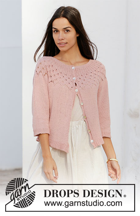 Alberta Rose Jacket / DROPS 212-6 - Knitted jacket with round yoke in DROPS Safran. The piece is worked top down with lace pattern, leaf pattern and ¾-length sleeves. Sizes S - XXXL.