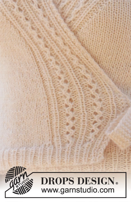 Pearl Pointe / DROPS 212-9 - Sweter z portfelowym przodem na drutach, przerabiany od góry do dołu, ze ściegiem ażurowym, z włóczek DROPS BabyAlpaca Silk i DROPS Kid-Silk. Od S do XXXL.