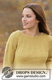 Mayan Sun / DROPS 213-11 - Knitted sweater with round yoke in DROPS Sky. Piece is knitted top down with rib in round yoke. Size: S - XXXL