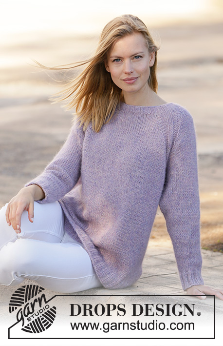 Calming Moments / DROPS 213-14 - Knitted jumper with raglan in DROPS Air. Piece is knitted top down with rib in raglan increase. Size: S - XXXL