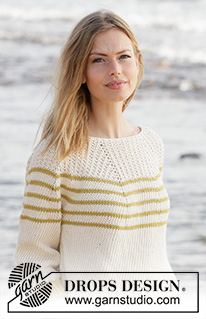 Breaking Sunlight / DROPS 213-36 - Knitted jumper with round yoke in DROPS Paris. The piece is worked top down with stripes and textured pattern. Sizes S - XXXL.