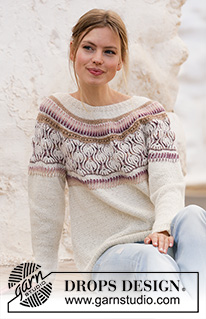 Nature Awakes / DROPS 213-5 - Knitted jumper with round yoke in DROPS Alpaca and DROPS Delight. The piece is worked top down with 2-coloured English rib, stripes and lace pattern. Sizes S - XXXL.