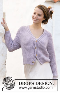 Lavender Breeze / DROPS 213-7 - Knitted jacket in DROPS Alpaca and DROPS Kid-Silk. The piece is worked top down with English rib, raglan and v-neck. Sizes XS - XXL.