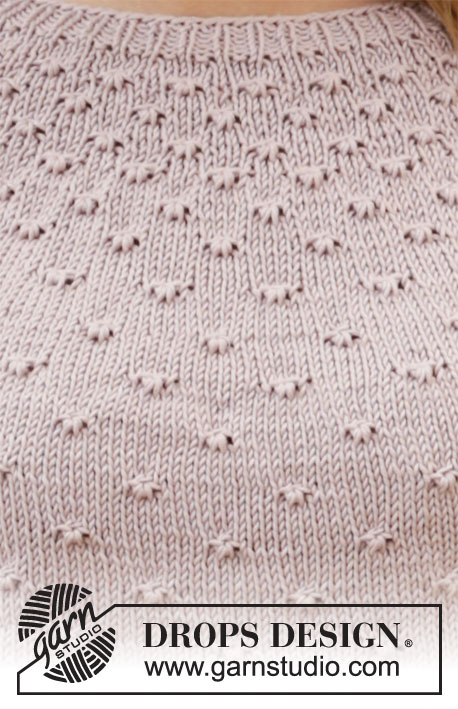 Dots and Drops / DROPS 213-9 - Knitted jumper in DROPS Muskat. The piece is worked top down with round yoke, knotted pattern and ¾-length sleeves. Sizes XS - XXL.