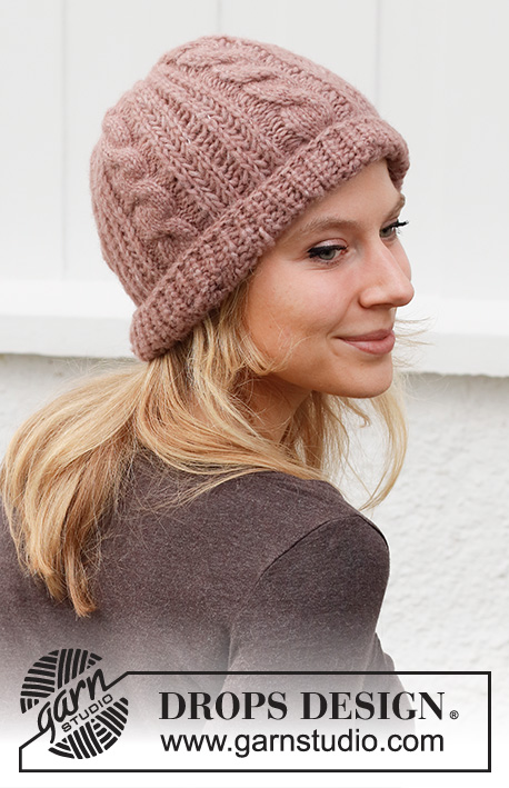 Rose Crush / DROPS 214-17 - Knitted hat with cables and English rib in DROPS Air.