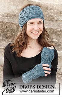 Fish Fables / DROPS 214-37 - Knitted head band and wrist warmers in DROPS BabyMerino. Work the entire set with lace pattern and small cables.