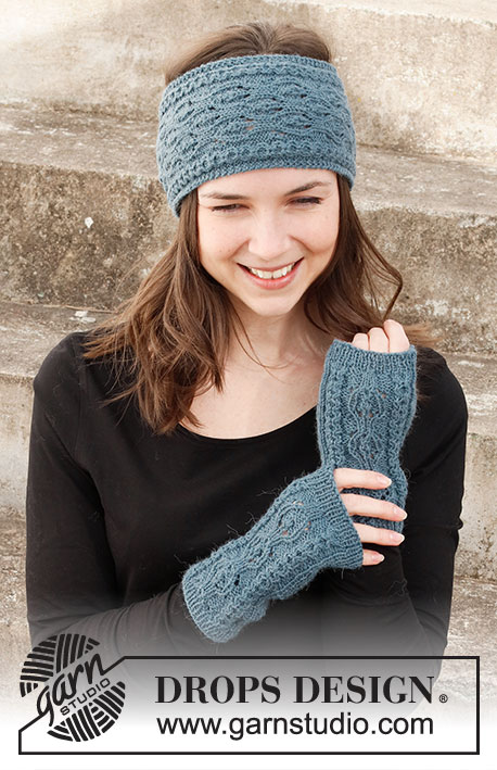 Fish Fables / DROPS 214-37 - Knitted head band and wrist warmers in DROPS BabyMerino. Work the entire set with lace pattern and small cables.