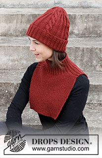 Roses so Red / DROPS 214-8 - Knitted hat and neck warmer with rib and cables in DROPS Karisma.