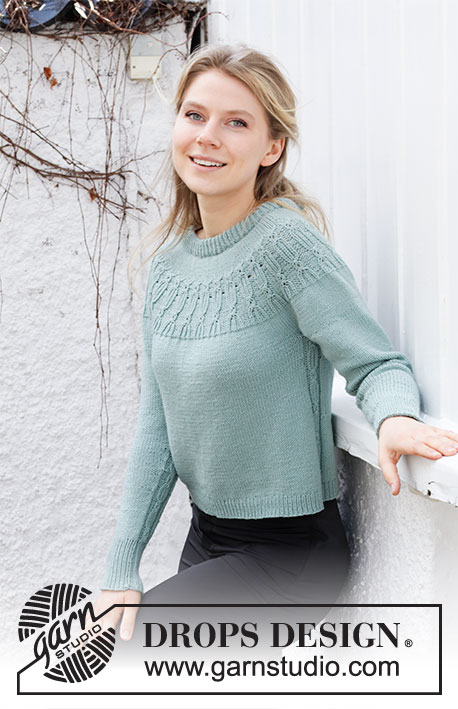 Wild Mint Sweater / DROPS 215-16 - Knitted jumper in DROPS Cotton Merino. Piece is knitted top down with double neck, round yoke and texture pattern. Size: S - XXXL