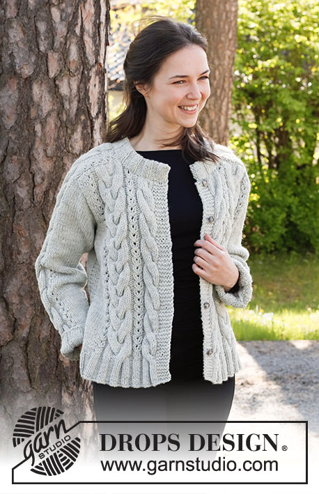 Columns of Valhalla Jacket / DROPS 217-16 - Knitted jacket in DROPS Alaska. The piece is worked with saddle shoulders, cables and split in the sides. Sizes S - XXXL.