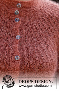 Autumn Days / DROPS 217-21 - Rozpinany sweter na drutach, przerabiany od góry do dołu, z zaokrąglonym karczkiem ściegiem strukturalnym i ściegiem francuskim, z włóczki DROPS Kid-Silk. Od S do XXXL.