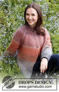 Sunsets Glow Jacket / DROPS 217-25 - Knitted jacket in DROPS Alpaca and DROPS Kid-Silk. The piece is worked top down with double neck, raglan, garter stitch and stripes. Sizes S - XXXL.