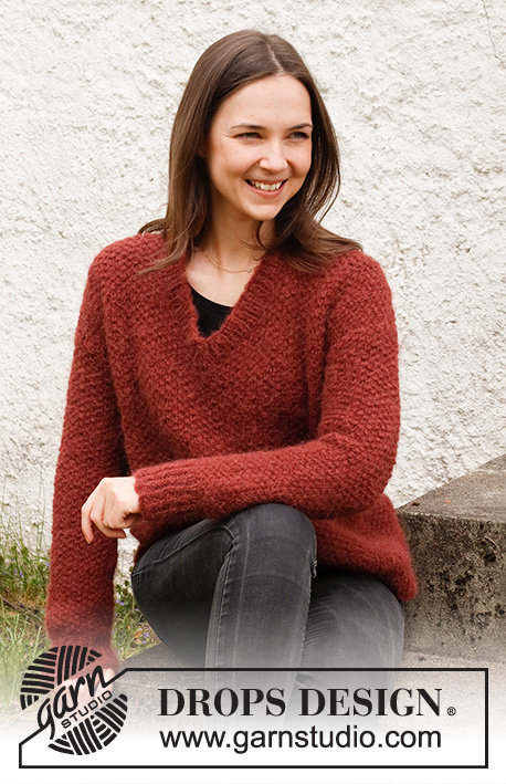 Rosehip Jam Sweater / DROPS 217-29 - Knitted sweater in DROPS Melody. Piece is knitted in moss stitch with V-neck and edges in rib. Size: S - XXXL