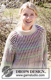 Dancing Aurora / DROPS 218-26 - Sweter na drutach przerabiany od góry do dołu, z włóczek DROPS Air i DROPS Big Delight, dwukolorowym ściegiem angielskim, z reglanowymi rękawami. Od S do XXXL