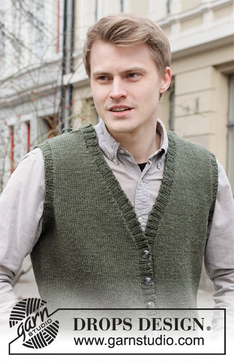 Boston Vest / DROPS 219-3 - Knitted vest for men in DROPS Karisma or DROPS Soft Tweed. The piece is worked top down with V-neck and ribbed edges. Sizes S - XXXL.