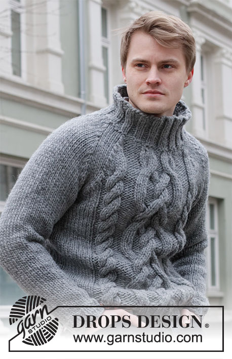 Trails Head / DROPS 219-4 - Knitted jumper with raglan, cables and high neck for men in DROPS Snow. Sizes S - XXXL.