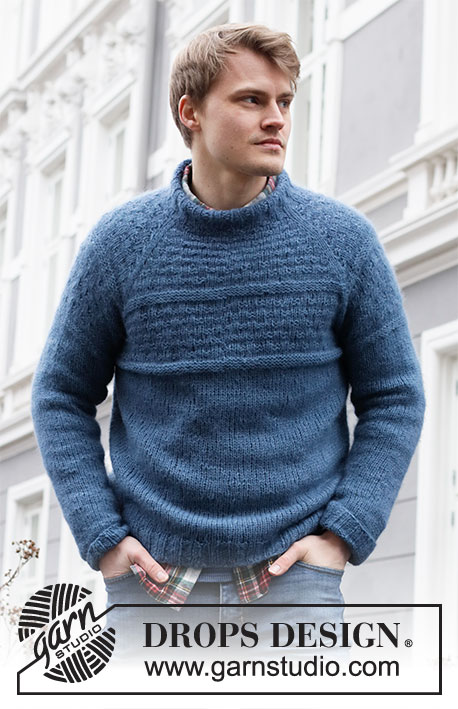 Arctic Tide / DROPS 219-5 - Knitted jumper with raglan for men in DROPS Air. Piece is knitted top down with textured pattern and stocking stitch. Size: S - XXXL