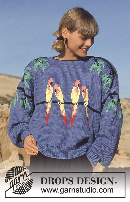 Birds of Paradise / DROPS 22-6 - Sweter na drutach, z żakardem w papugi, z włóczki DROPS Paris.