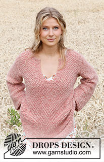 Magnolia Dream / DROPS 220-13 - Knitted jumper in DROPS Sky and DROPS Brushed Alpaca Silk. Piece is knitted in moss stitch with vent in the neck and vents in the sides. Size: S - XXXL