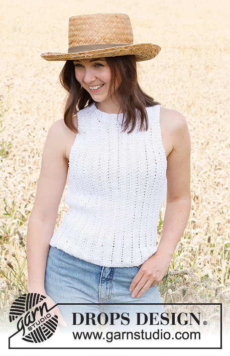 White Birch / DROPS 220-17 - Knitted top in DROPS Paris. Piece is knitted with English rib stitches. Size: S - XXXL