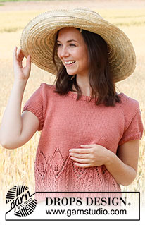 Faraway Dreams / DROPS 220-29 - Knitted top in DROPS Muskat. Piece is knitted with leaf pattern and short sleeves. Size: S - XXXL