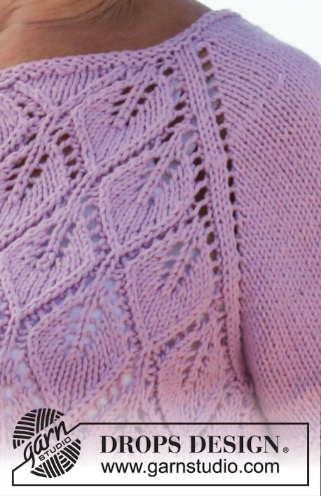 Luscious Lilacs / DROPS 220-36 - Knitted jacket in DROPS Paris. Piece is knitted top down with leaf pattern and short sleeves. Size XS–XXL.