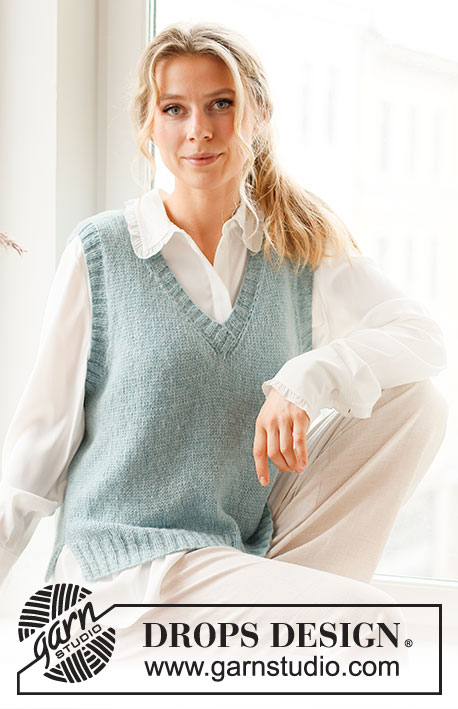 Audrey Vest / DROPS 220-43 - Knitted vest in DROPS Sky. The piece is worked in stockinette stitch with ribbed edges, V-neck and split in the sides. Sizes S - XXXL.
