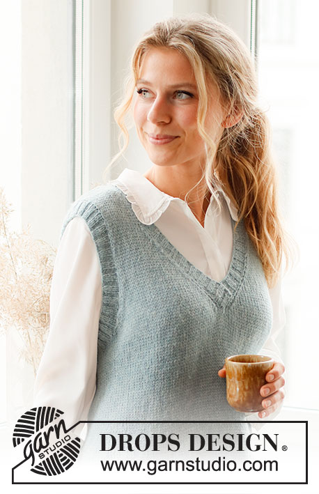 Audrey Vest / DROPS 220-43 - Knitted vest in DROPS Sky. The piece is worked in stockinette stitch with ribbed edges, V-neck and split in the sides. Sizes S - XXXL.