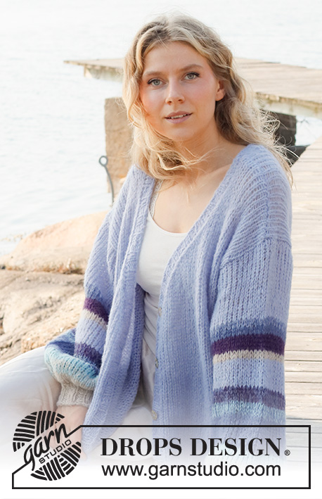 Blue Sunrise Jacket / DROPS 221-23 - Knitted jacket in 2 strands DROPS Brushed Alpaca Silk. Piece is worked with V-neck and balloon sleeves with stripes. Size XS - XXL.