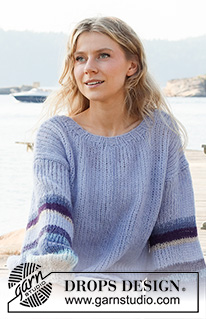 Blue Sunrise / DROPS 221-24 - Knitted sweater in 2 strands DROPS Brushed Alpaca Silk. Piece is knitted with stripes and balloon sleeves. Size XS–XXL.