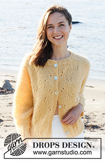 Sunshine Impressions / DROPS 221-31 - Knitted jacket in DROPS Melody. Piece is knitted top down with lace pattern and saddle shoulders. Size: S - XXXL