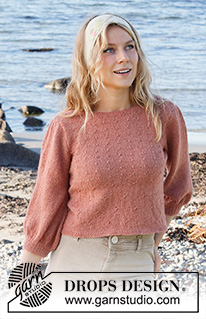 Copper Harbor Sweater / DROPS 221-39 - Strikket bluse i DROPS Alpaca. Arbejdet strikkes med knudemønster og ¾ lange ballonærmer. Størrelse S - XXXL.