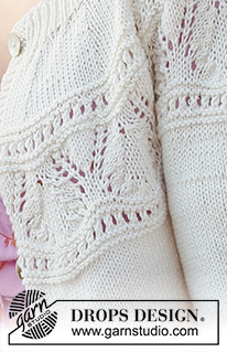 White Moon Cardigan / DROPS 221-6 - Knitted jacket in DROPS Cotton Merino or DROPS Merino Extra Fine. The piece is worked in stocking stitch, with round yoke and lace pattern. Sizes XS - XXL.