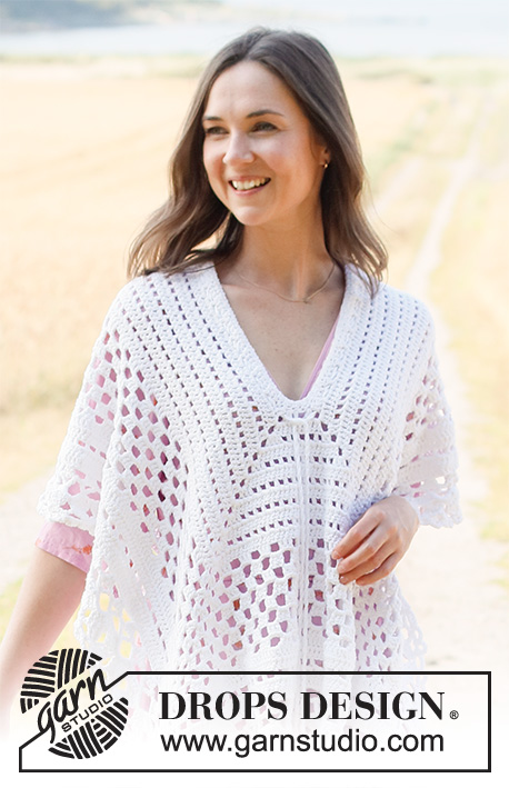 Moon Trail / DROPS 222-18 - Crocheted poncho in DROPS Bomull-Lin or DROPS Paris. Piece is crocheted top down with angles and lace pattern. Size: S - XXXL
