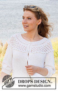 Incoming Tide / DROPS 222-22 - Knitted jacket in DROPS BabyAlpaca Silk. The piece is worked top down with round yoke, raglan, flounces, lace pattern and ¾-length sleeves. Sizes S - XXXL.