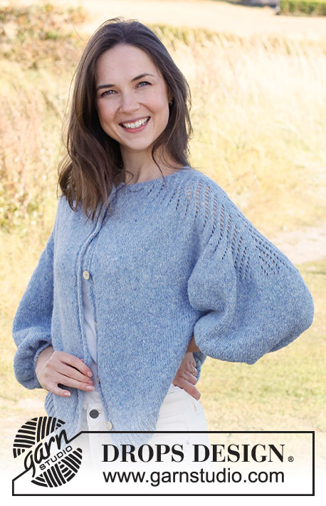 Sapphire Trails Cardigan / DROPS 222-23 - Knitted jacket in DROPS Sky. The piece is worked top down, with lace pattern and ¾-length balloon sleeves. Sizes S - XXXL.