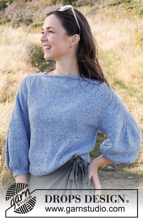 Sapphire Trails / DROPS 222-24 - Knitted jumper in DROPS Sky. The piece is worked top down, with lace pattern and ¾-length balloon sleeves. Sizes S - XXXL.