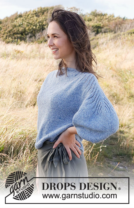 Sapphire Trails / DROPS 222-24 - Knitted jumper in DROPS Sky. The piece is worked top down, with lace pattern and ¾-length balloon sleeves. Sizes S - XXXL.