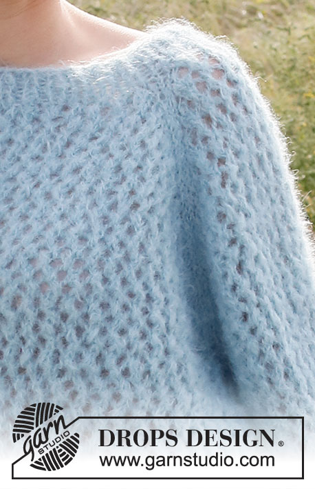 Cooling Creek / DROPS 222-27 - Gebreide trui in 2 draden DROPS Brushed Alpaca Silk of 1 draad DROPS Melody. Het werk wordt van boven naar beneden gebreid met raglan, kantpatroon en ¾-lengte mouwen. Maten S - XXXL.