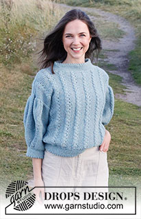 Spring Impressions / DROPS 222-28 - Knitted sweater in DROPS Air. The piece is worked with textured pattern, ¾-length puffed sleeves and double edges. Sizes S - XXXL.
