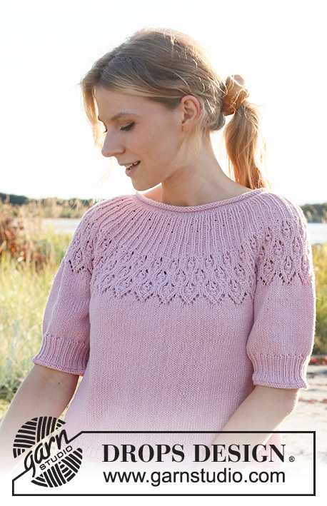 Now and Forever / DROPS 222-34 - Knitted sweater in DROPS Merino Extra Fine. Piece is knitted top down with rolling edge in the neck, round yoke, lace pattern on yoke and short sleeves. Size: S - XXXL
