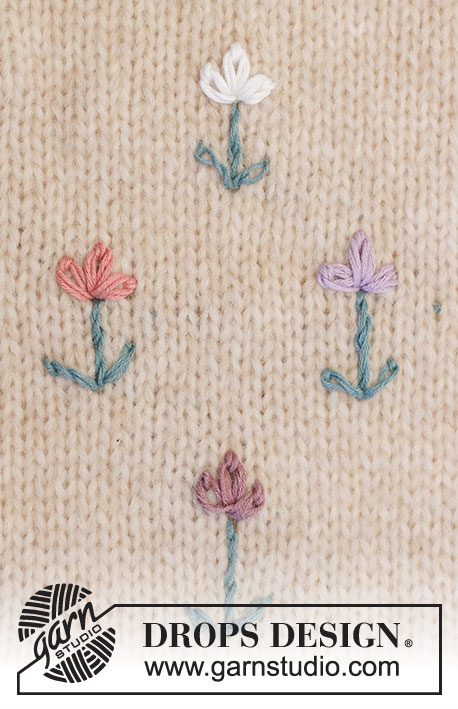 Shades of Spring / DROPS 222-51 - Flor bordada con pedúnculo y hojas en DROPS Safran. La flor está bordada con puntos de cadeneta y puntos de cadeneta retorcidos.
Tema: Bordado