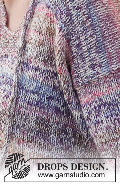 Watercolour Reflections / DROPS 223-24 - Sweter na drutach, przerabiany od góry do dołu 2 nitkami DROPS Fabel, z pęknięciem przy dekolcie i brzegami ściegiem ryżowym. Od S do XXXL.