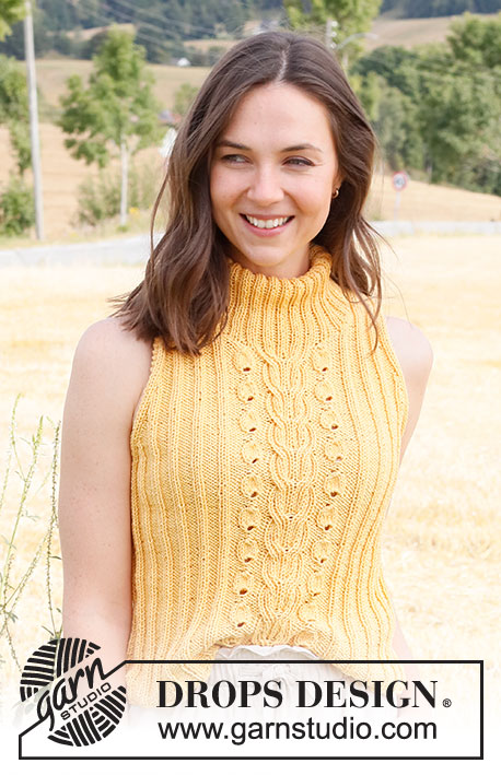 Sunshine Road / DROPS 223-25 - Knitted top in DROPS Muskat with cables, rib and double neck. Sizes XS - XXXL.